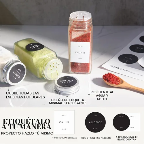 Vista 4 de FINESSY Tarros de especias de vidrio grueso con tapas herméticas y Paquete de 24 Estilo Minimalista