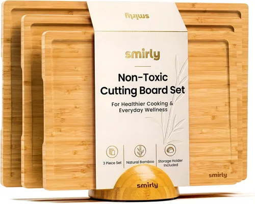 Vista 10 de SMIRLY - Juego de tablas grandes para cortar para la cocina, con soporte incluido, hecho de madera de bambú