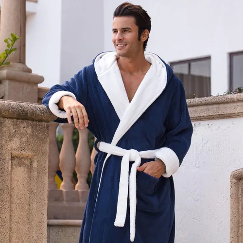 Vista 3 de Alexander Del Rossa - Bata de baño de forro vellón, con capucha, para hombre, colores lisos