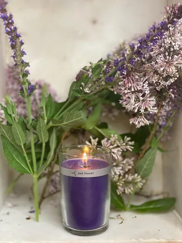 Vista 3 de Red Flower Vela con tapa de pétalo de lavanda francesa, lavanda francesa