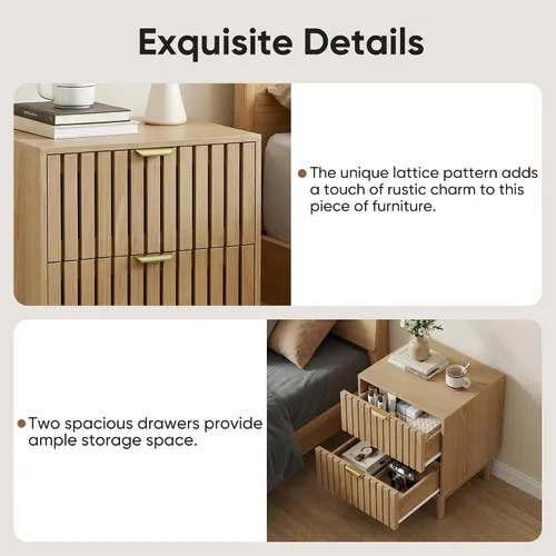 Vista 5 de Juego de 2 mesitas de noche de madera, moderna mesita de noche con diseño de rejilla, mesa auxiliar con 2 cajones de almacenamiento para sala
