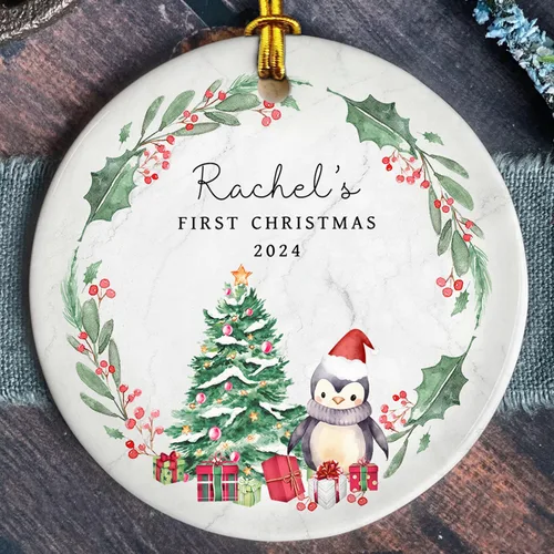 Vista 8 de Adorno personalizado de cerámica para la primera Navidad del bebé 2025 – Recuerdo navideño de copo de nieve personalizado con nombre, nuevo adorno