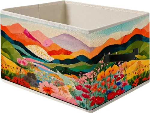 Vista 14 de Caja de Almacenamiento Floral Rústica Azul y Blanca con Asas, Canasta Organizadora Plegable Botánica de Flores Grandmillennial Caja de Juguetes