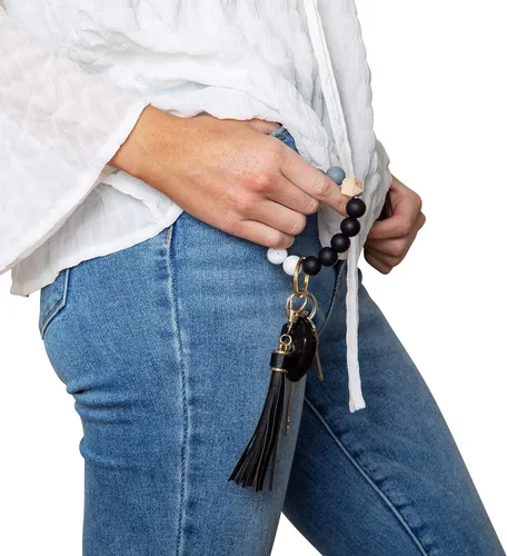 Vista 8 de dizzy creek designs Llavero pulsera, pulsera de cuentas de silicona para mujer, llavero con borla de cuero
