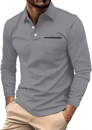 Vista 33 de Polo de manga larga para hombre, diseño casual de algodón con bolsillo, cuello clásico con botón para golf