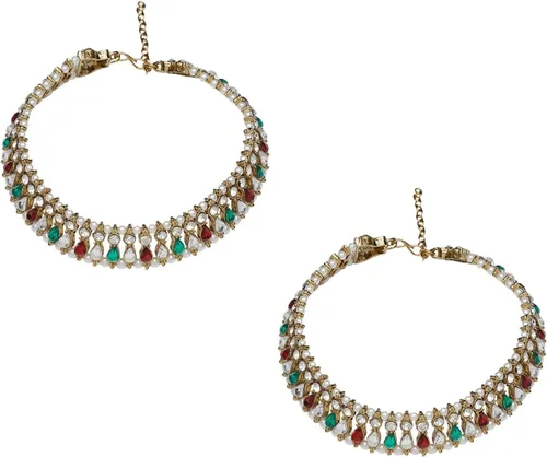 Vista 6 de Efulgenz Indian Bollywood Faux Kundan Pearl Wedding Bridal Anklet Pair with Bells Bracelet PayPal Foot Jewelry