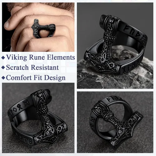 Vista 4 de FaithHeart Norse Viking Jewelry - Anillo de acero inoxidable de guerrero para hombre con diseño vikingo de cabeza de lobomartillo de Thor