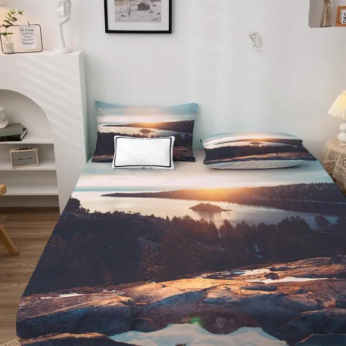 Vista 2 de Sunrise Sheets tamaño individual, sábanas de cama de paisaje natural, sábanas y fundas de almohada estampadas de 3 piezas, sábana bajera ajustable