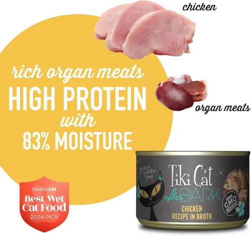 Vista 5 de Tiki Cat After Dark, pollo, alto contenido en proteínas y 100% ingredientes no transgénicos, alimento húmedo para gatos adultos, latas de 5.5 onzas