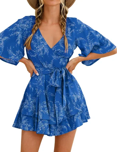 Vista 2 de Relipop - Enterizo de mujer con estampado floral, cuello en V, manga holgada, lazo en la cintura y dobladillo escalonado con volados, corto