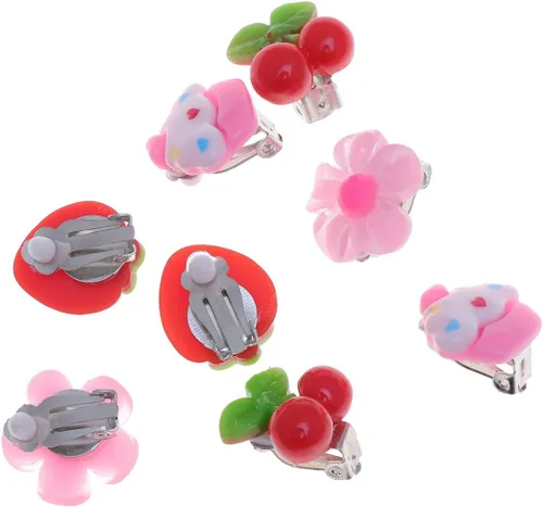 Vista 7 de Pendientes colgantes de clip en la oreja 4 pares de aretes de acrílico de dibujos animados de acrílico lindo flor de fruta fresa cereza helado