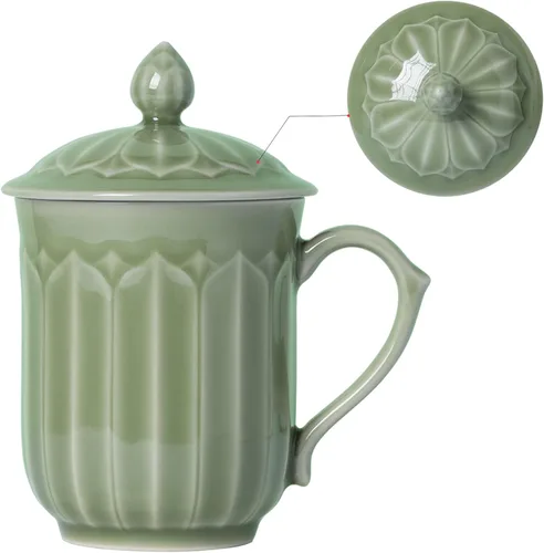 Vista 8 de Taza de té de loto de porcelana con tapa y asa, taza de café única de 12 onzas, apta para microondas y lavavajillas, regalos para mujeres y hombres