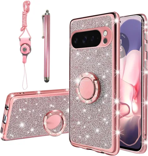 Vista 33 de Funda compatible con Google Pixel 6 Pro para mujer, con purpurina, suave, elegante, transparente, TPU de lujo, bonita funda protectora con correa