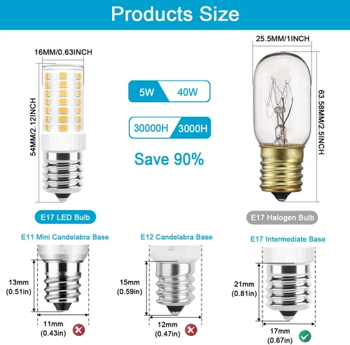 Vista 2 de Bombillas LED E17 regulables de 5 W para microondas sobre estufa, 125 V, 40 W, equivalente a incandescente, blanco cálido 3000 K, apto