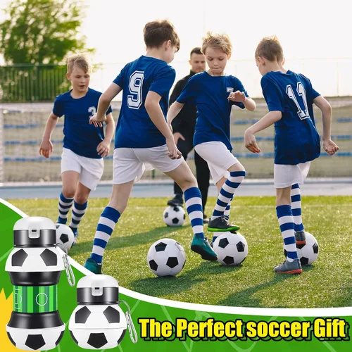 Vista 7 de Mifoci 6 botellas de agua de fútbol para niños de 19 onzas, botella de agua plegable de silicona deportiva con forma de bola exprimible para niños