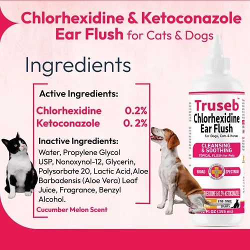 Vista 2 de Truseb Advanced - Lavado Tópico de Oídos para Perros con Ketoconazol y Clorhexidina para Perros, Gatos y Caballos, con Aloe - 12 oz Hecho en EE.UU.