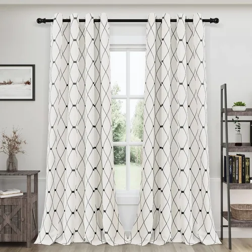 Vista 15 de Joywell Cortinas jacquard con ojales para sala de estar, 108 pulgadas de largo, línea ondulada negra con patrón de puntos, cortinas bordadas