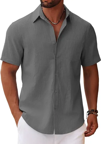 Vista 16 de COOFANDY Camisa de manga corta con botones para hombre, casual, de algodón, para verano, playa, lino, para boda, con bolsillo