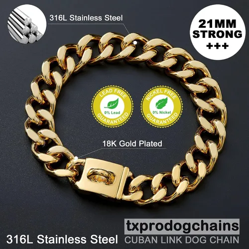 Vista 6 de txprodogchains Collar de cadena para perro grande con hebilla, resistente de 0.827 in de grosor, acero inoxidable, oro de 18 quilates, cadena
