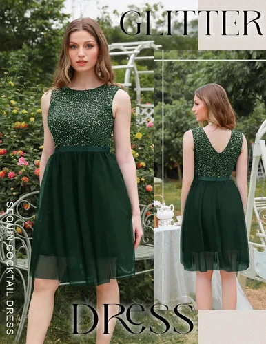 Vista 2 de BeryLove Vestido de lentejuelas vintage una línea de boda formal vestido de tul sin mangas vestido de cóctel mini vestido
