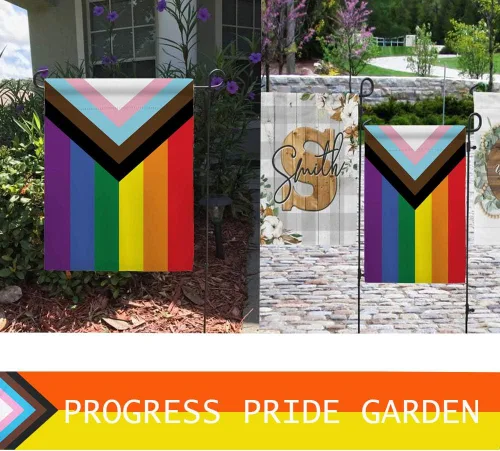 Vista 7 de Progress Pride - Banderas de jardín arcoíris – Bandera pequeña de progreso inclusivo de 12.5 x 18 pulgadas para lesbianas y transgénero LGBTQ