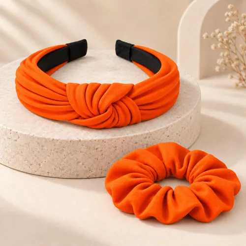 Vista 4 de Juego de diadema y coletero naranja de otoño, accesorios para el cabello a juego para mujeres y niñas para otoño, Halloween, Acción de Gracias