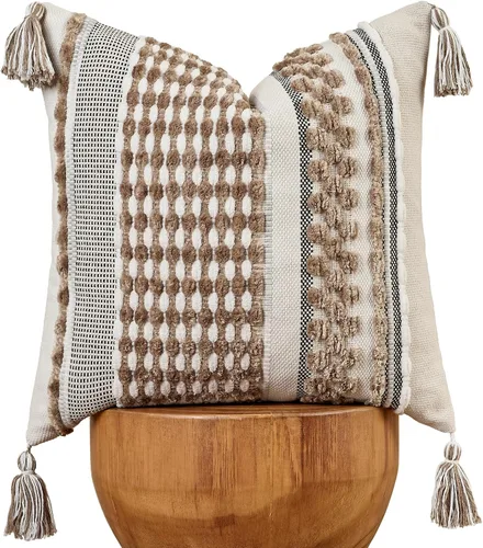 Vista 18 de AmHoo - Fundas de almohada de 18 x 18 pulgadas con borlas, fundas de almohada decorativas tejidas con textura de chenilla estilo boho para sofá