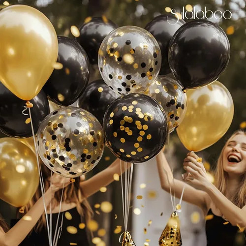 Vista 2 de Globos metálicos negros y dorados de 12 pulgadas, 73 globos de látex con confeti dorado y negro, juego de globos de helio brillantes para fiestas