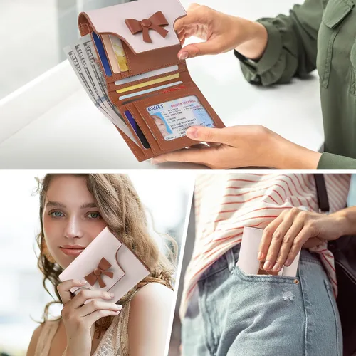 Vista 6 de yiijay Cartera pequeña para mujer, lindo lazo con bloqueo RFID, plegable, de cuero, tarjetero, compacto, con bolsillo con cremallera