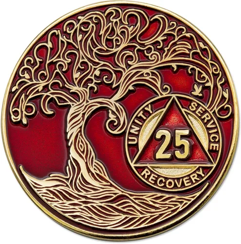 Vista 152 de 1 año Sobriety Mint Twisted Tree of Life Medallón de recuperación AA chapado en oro, chip/ficha - negro