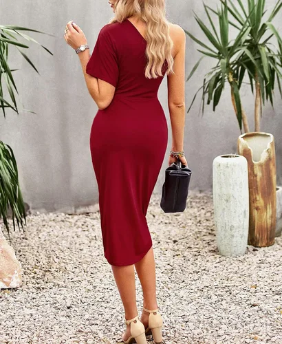 Vista 6 de C.AMOUR Vestido midi de manga corta con un hombro para mujer, fruncido, entallado, con abertura, envolvente, para verano, casual, fiesta, cóctel