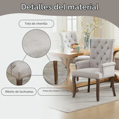 Vista 4 de Sillas de Comedor Tapizadas Acolchadas de Chenilla con Brazos y Ribete de Tachuelas – Marco y Patas de Madera Maciza, Estilo Granja Moderna