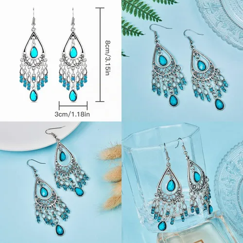 Vista 4 de 4 pares de aretes bohemios vintage, aretes colgantes, accesorios de joyería para mujer