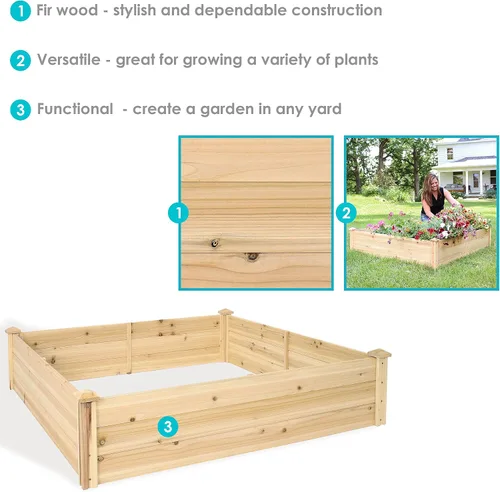 Vista 2 de Sunnydaze Cama de jardín cuadrada de madera elevada – Maceta elevada al aire libre para jardinería de flores, verduras y hierbas – 4 x 4 pies
