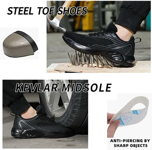 Vista 2 de NIFOFISE Zapatos de punta de acero para mujeres y hombres, zapatos de trabajo de seguridad, zapatillas de deporte con punta compuesta antideslizantes