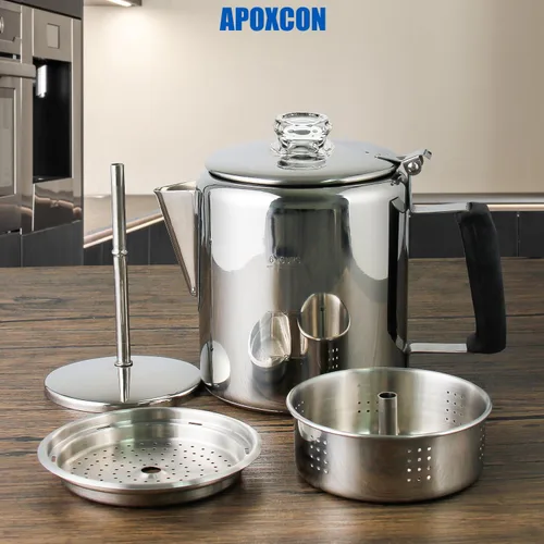 Vista 3 de Cafetera Percoladora Multiuso de Acero Inoxidable para Estufa con Dos Perillas de Vidrio Borosilicato Resistente Mango de Sílice Cafetera