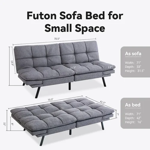 Vista 3 de Opoiar Sofá cama tamaño individual, sofá cama de espuma viscoelástica con colchón y marco incluidos, cómodo sofá biplaza de tela gris