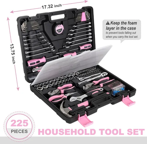 Vista 6 de FASTPRO Juego de herramientas rosa de 225 piezas, juego de herramientas manuales de mecánica SAE y métricas con caja de herramientas, kit