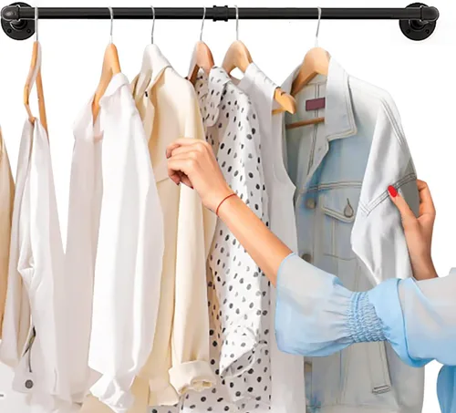Vista 10 de Perchero de ropa montado en la pared de 36" con tubo industrial, organizador de ropa negro de hierro resistente que ahorra espacio, barra