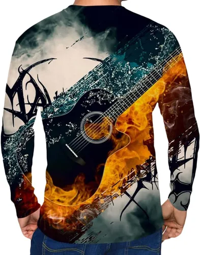 Vista 3 de Muscularfit Camisas para hombre, manga larga, estilo casual, estilo fresco, con estampado de guitarra, pulóver, hip hop, cuello redondo, sudadera a