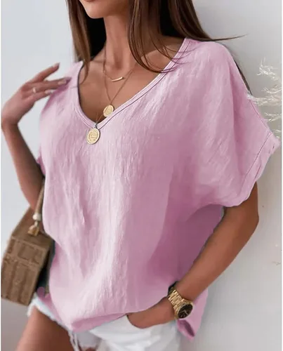 Vista 3 de Mayntop Camiseta de manga corta para mujer, de algodón, lino, cuello en V, color sólido, estampado, holgada, para verano