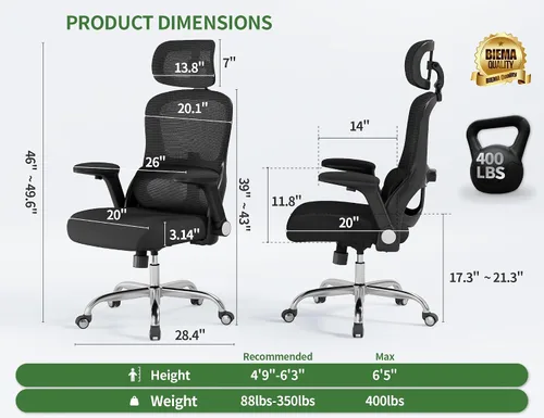 Vista 10 de Silla de oficina ergonómica: silla de escritorio para computadora de 400