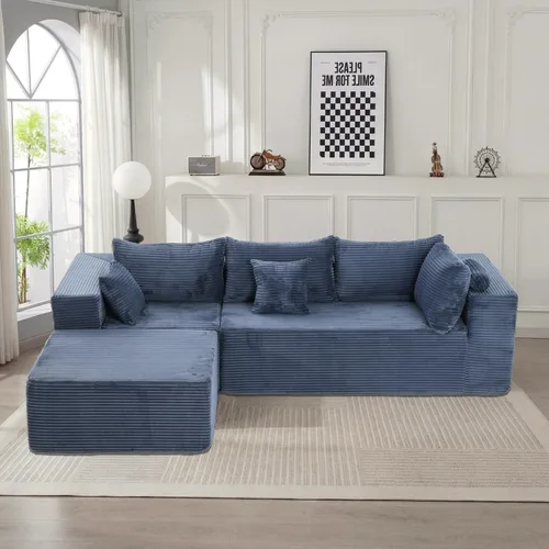 Vista 8 de Sofá modular modular con otomana, sofá modular de 5 plazas, sofá tipo nube con tela de pana, no requiere montaje para sala de estar grande