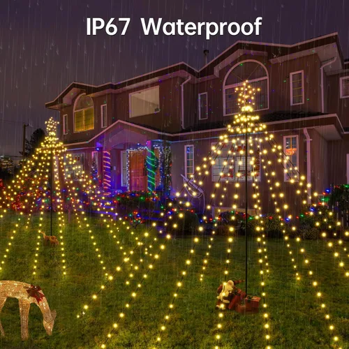 Vista 6 de Luces de árbol de Navidad de 340 LED con estrella superior, IP67, impermeable, control remoto, luces de cascada con poste, 16 modos, 3