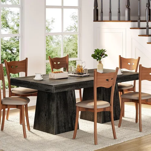 Vista 5 de LITTLE TREE Mesa de comedor para 4 personas, mesa de cocina pequeña cuadrada de 31.5 pulgadas, mesa de comedor de granja con base de pedestal Gris