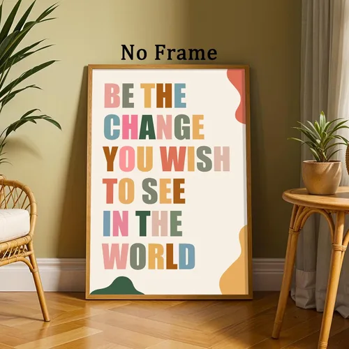 Vista 7 de Arte de pared con texto en inglés «Be the Change You Wish to See in the World», póster motivacional colorido para el aula, arte estético, citas