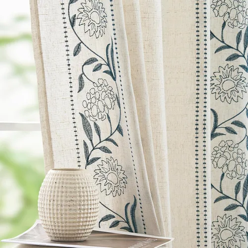 Vista 16 de jinchan Cortinas de lino floral marfil para sala de estar 84" pestaña