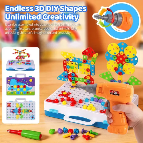 Vista 5 de 224 juguetes de construcción STEM para niños de 4 a 8 años, juego creativo de taladro de mosaico con taladro eléctrico y destornillador, kit