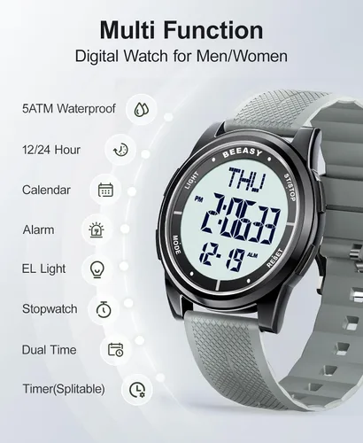 Vista 68 de Beeasy - Reloj digital de pulsera resistente al agua con cronómetro, alarma, cuenta regresiva, doble zona horaria, ultrafino, pantalla angular muy