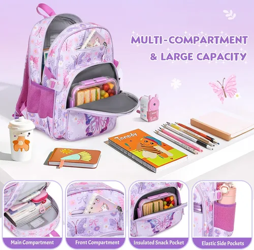 Vista 3 de Mochila para niños de 5 a 8 años, Mariposa, 15 pulgadas, Lindo